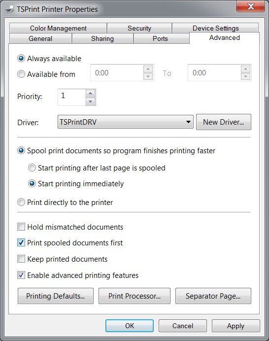 Printer Properties TSPrint